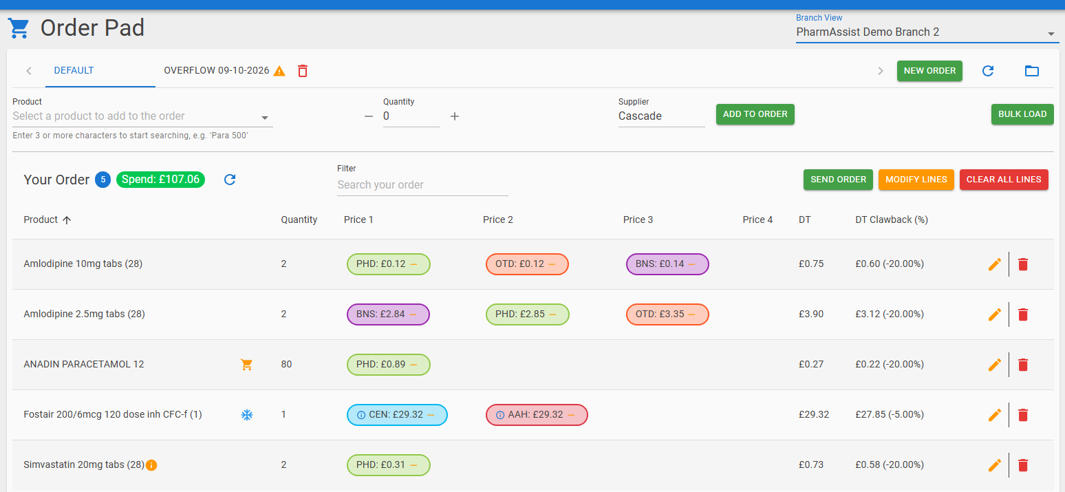 PharmAssist Order Pad comparing supplier prices, Drug Tariff prices and clawback for each product