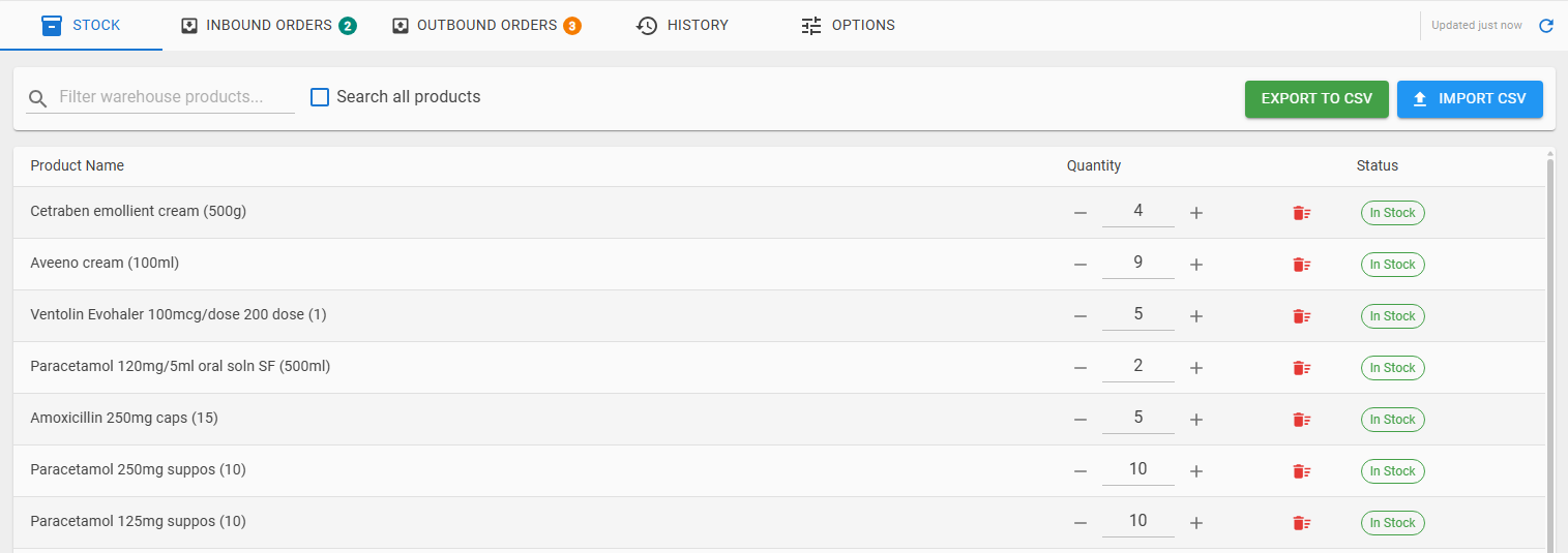 PharmAssist Virtual Warehouse showing stock quantities and inbound and outbound order tabs